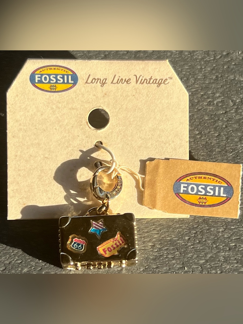 Fossil Vintage Gold-tone Suitcase Charm with Travel Sticker Accents